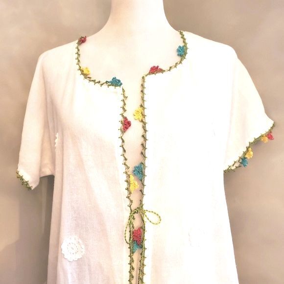 Boho Chic White Gauzy Cotton Colorful Embroidery Tie Front Long Beach Cover Up - Picture 1 of 12